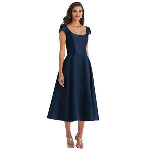 Alfred Sung Women Size 18 Midnight Blue Cap Sleeve Satin Midi Cocktail Dress NEW